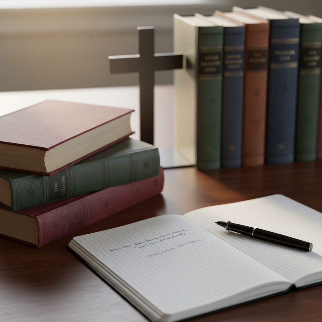 A close-up of a neat stack of theological books with cloth and leather bindings, titles subtly implied through spine texture but not readable, arranged on a wooden table. A single open notebook with crisp, lined pages and a fine-point pen lies in the foreground, suggesting active theological reflection and apologetics work. In the background, out of focus, a simple cross-shaped metal bookend supports more volumes. Soft morning light from an unseen window washes across the scene, creating gentle highlights on the book edges and a calm, scholarly atmosphere. Shot from a slightly elevated angle with shallow depth of field, the image has a clean, professional, photographic style tailored to a Christian blog’s articles on doctrine, study, and careful reasoning from Scripture.