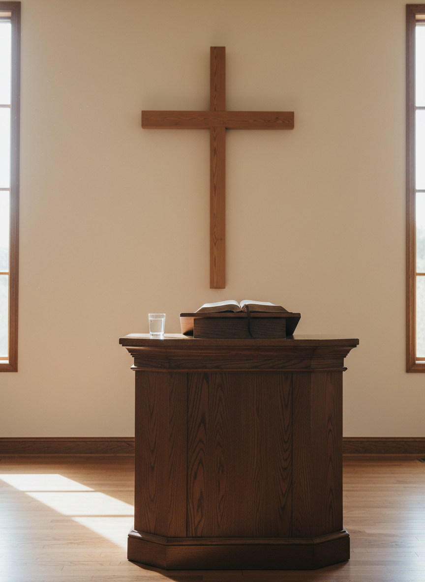 A sturdy wooden pulpit crafted from dark-stained oak, its surface smooth and slightly worn from years of use, stands in the center of a simple, bright sanctuary. An open Bible rests on the pulpit, pages subtly rippled, with a small glass of water nearby. Behind, a large, minimally designed wooden cross is mounted on a clean, light-colored wall. Soft, diffused natural light pours in from high side windows, illuminating dust particles in the air and casting calm, elongated shadows. Captured from a slightly low angle in photographic realism, the composition uses the rule of thirds to emphasize the pulpit and cross, creating a professional, pastoral mood suited for articles on preaching and shepherding God’s people.