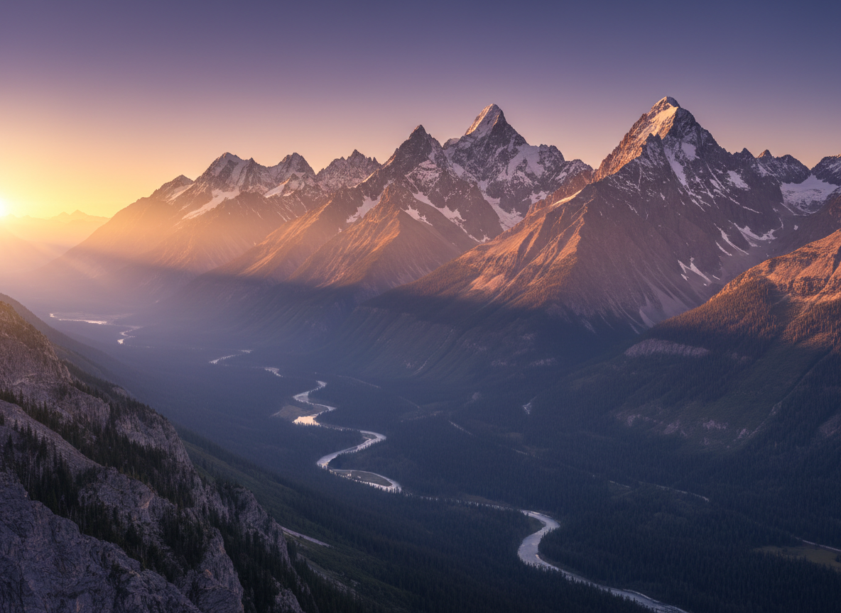 Epic mountain landscape at golden hour, dramatic jagged peaks with snow caps, cinematic wide shot, warm orange and gold light casting long shadows across the ridgelines, deep purple sky at the horizon, atmospheric haze in the valleys, photorealistic, stunning natural beauty