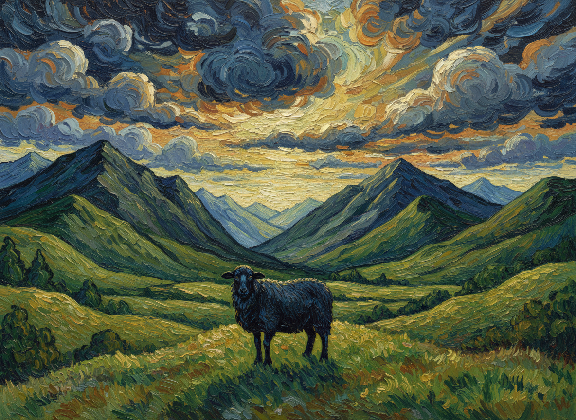 Majestic mountain landscape with a black sheep, painterly oil painting style