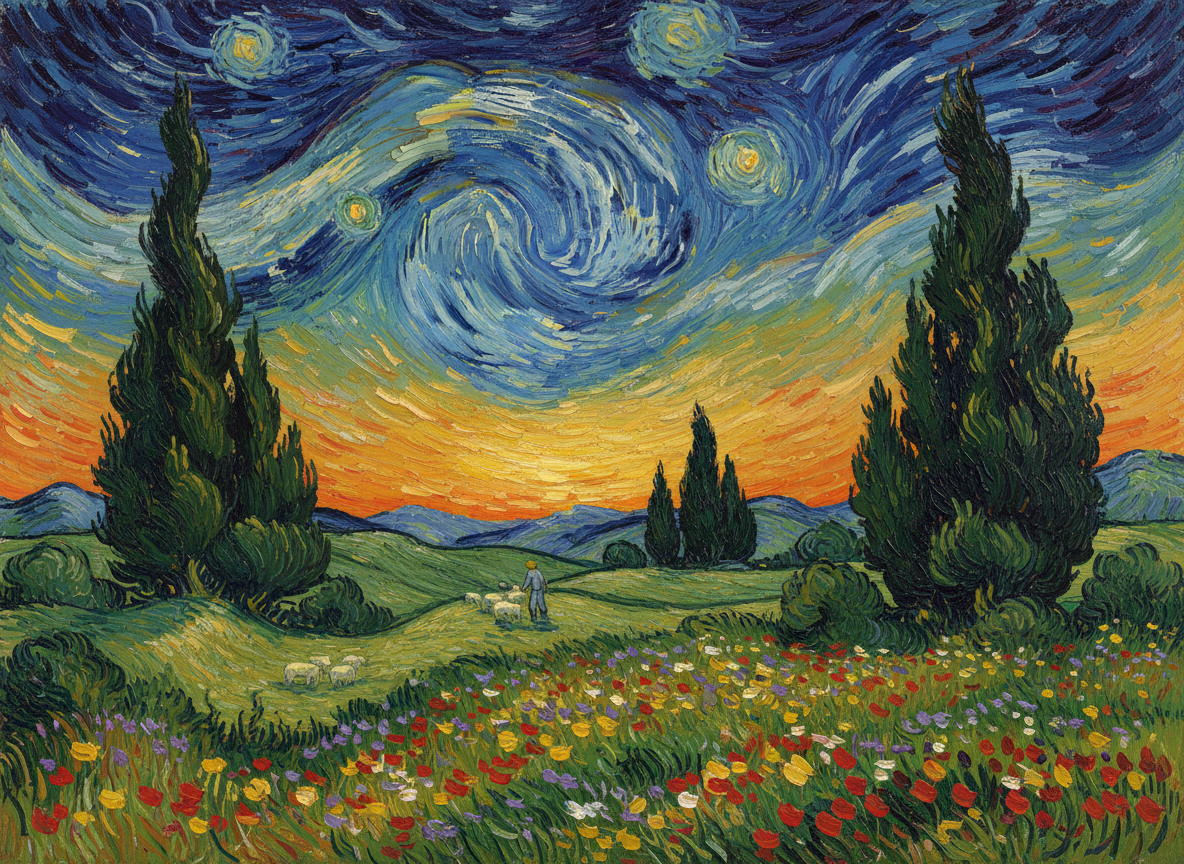 Van Gogh impressionist pastoral landscape with swirling golden sky, shepherd, cypress trees and wildflowers