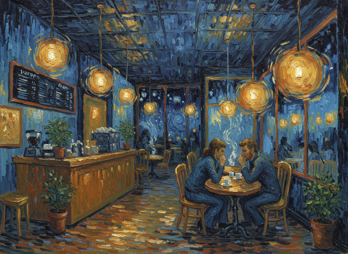 Van Gogh style wide coffee shop scene, two friends in middle distance, swirling indigo amber ochre brushstrokes, mysterious cozy atmosphere