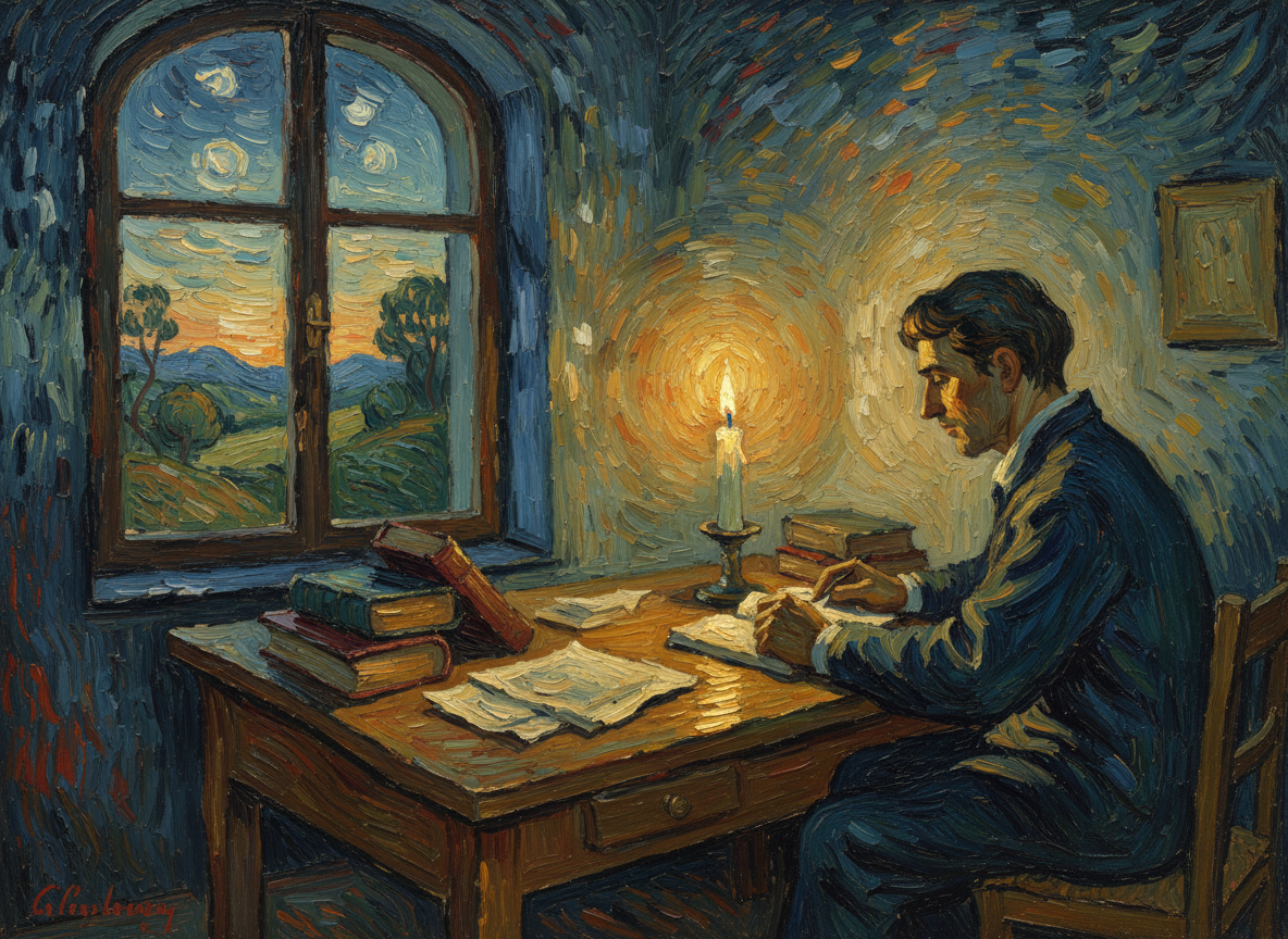 Van Gogh style oil painting of a scholarly thinker at a desk, candlelight, books, pen in hand